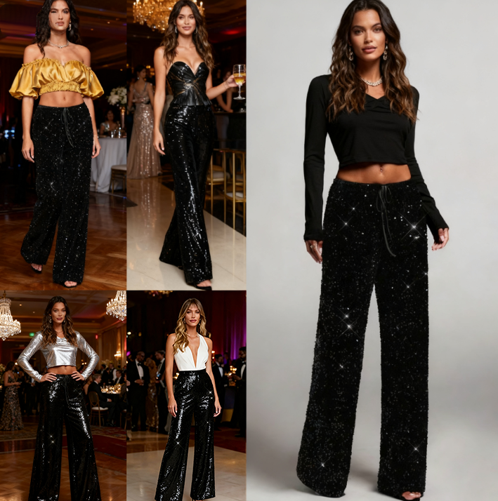đ 50% VERSCHENKTđDamen Paillette Sparkle Breite Bein Hose mit elastischem Bundâš