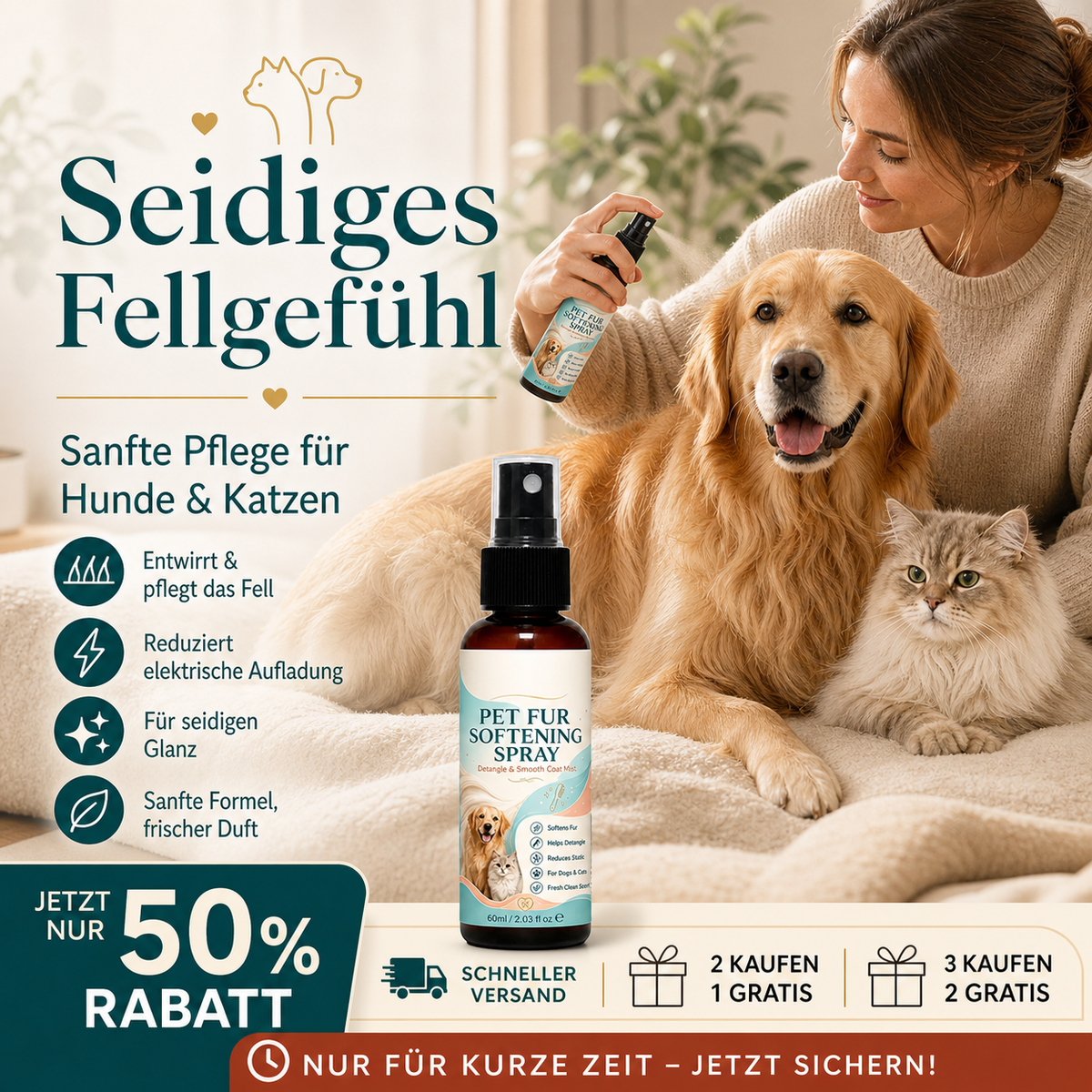 🔥50% RABATT!🐾Sanftes Entwirrungsspray gegen verknotetes Fell und statische Aufladung bei Hunden und Katzen🐱🐶