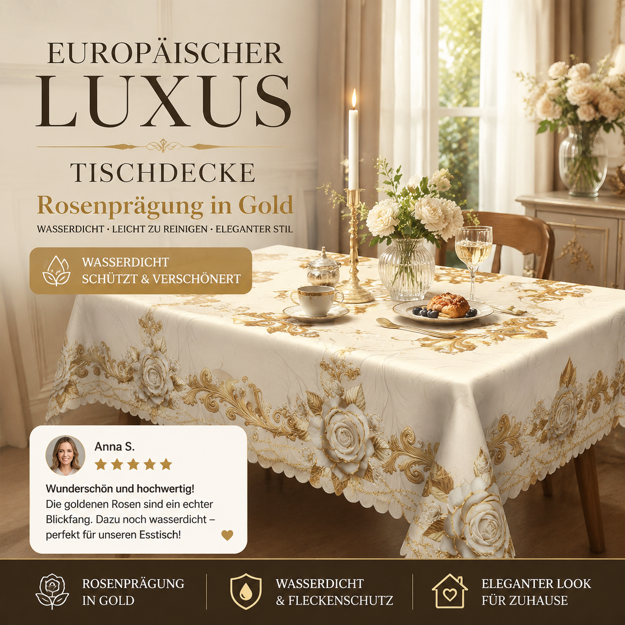 🔥🔥 2026 NEU 🥳🌹Wasserdichte goldene Rosen-Tischdecke