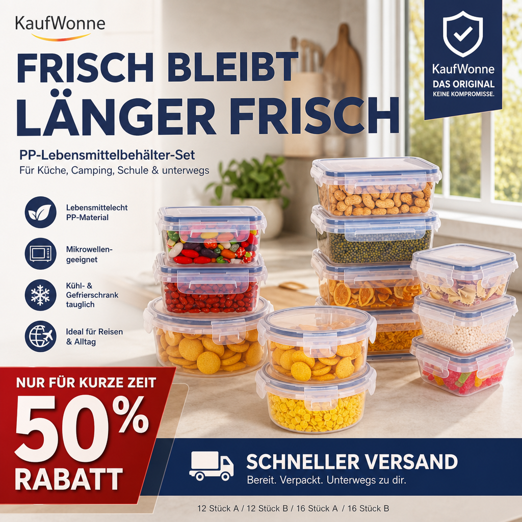 🍱 Vorratsdosen-Set mit Deckeln – 12/16-teiliges Set, ♻️ wiederverwendbar – 💧 auslaufsicher, geeignet für Gefrierschrank ❄️, Backofen 🔥, Mikrowelle ⏲️ und Spülmaschine 🍽️