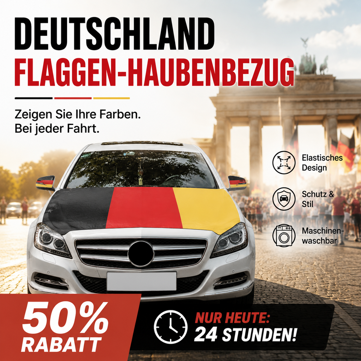 🏁🚗🇩🇪Patriotische Motorhaubenflaggenabdeckung -  Schnelle Befestigung ohne Werkzeug⚽🏆