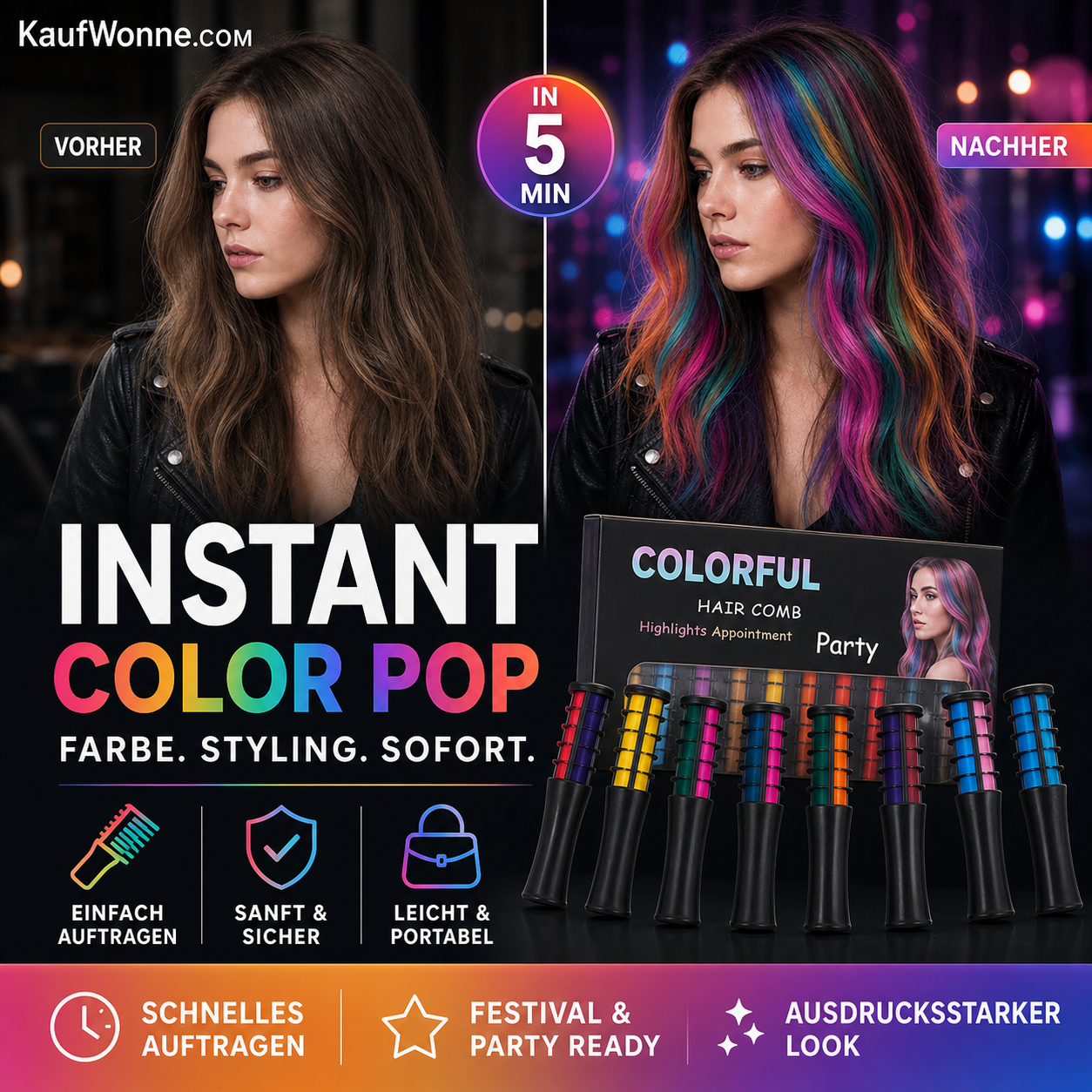 🔥🎁 2+1 GRATIS!!🥳💞 50K+ VERKAUFT! 🎨💇‍♀️ Temporärer Haarfarbe-Kamm – Schnelle & schonende Highlights für Partys & Festivals | Kompakt & tragbar