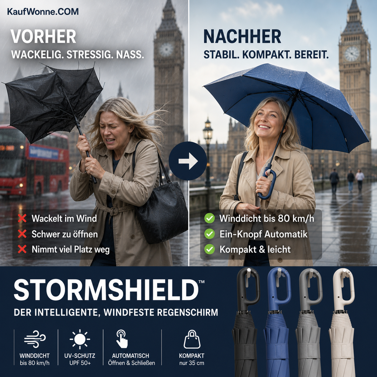 🔥🎁 2+1 GRATIS!! 50K+ verkauft! ☔Automatischer Faltregenschirm, wind‑ und wasserdicht, kompakt mit Schlaufenverschluss für den täglichen Gebrauch