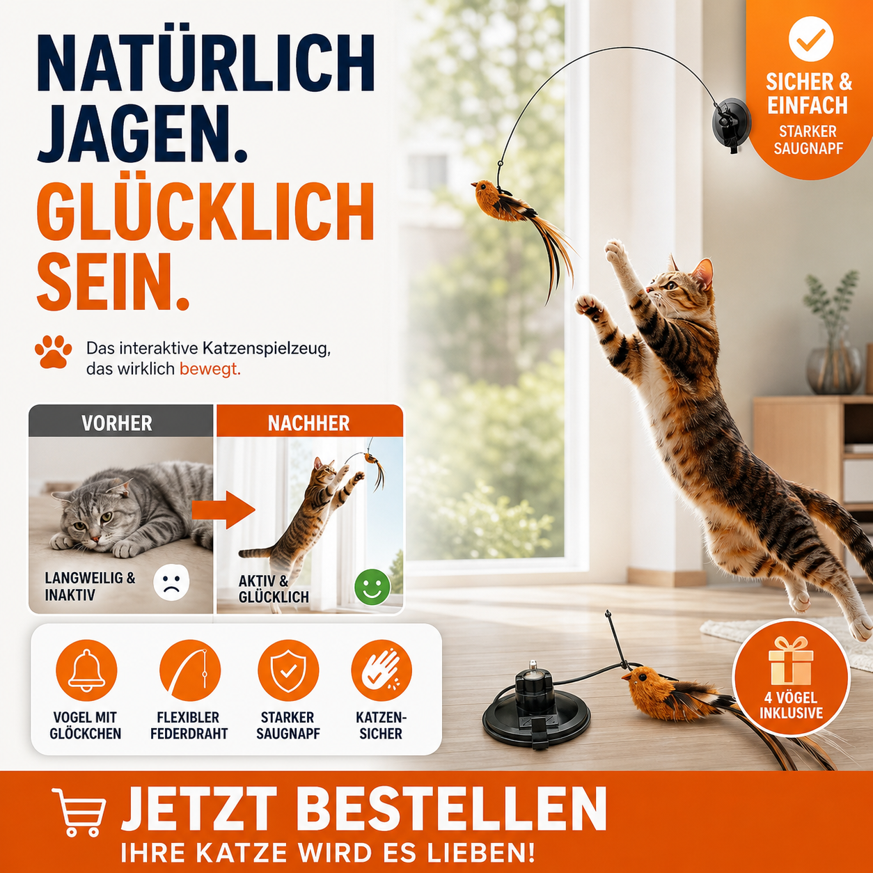🔥50 % Rabatt! 🐦Interaktives Saugnapf‑Vogel Katzenspielzeug - Für eine glückliche und aktive Katze den ganzen Tag🐱