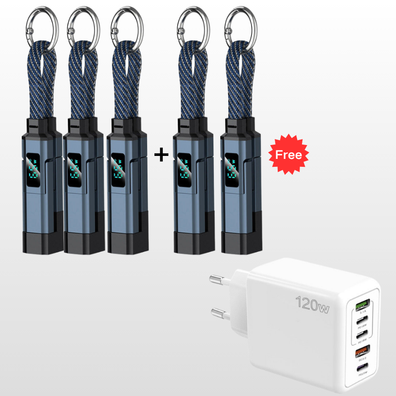 🔌 4-in-1-Ladekabel mit Digitalanzeige und Schlüsselanhänger – Schnellladefunktion, knickfest und kompakt