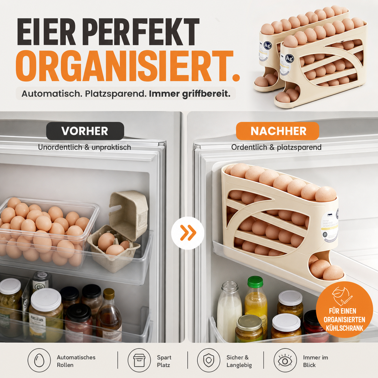 🥚 Rollender Eierhalter für den Kühlschrank – Platzsparende Aufbewahrung mit automatischem Nachrutschen für einfachen Zugriff