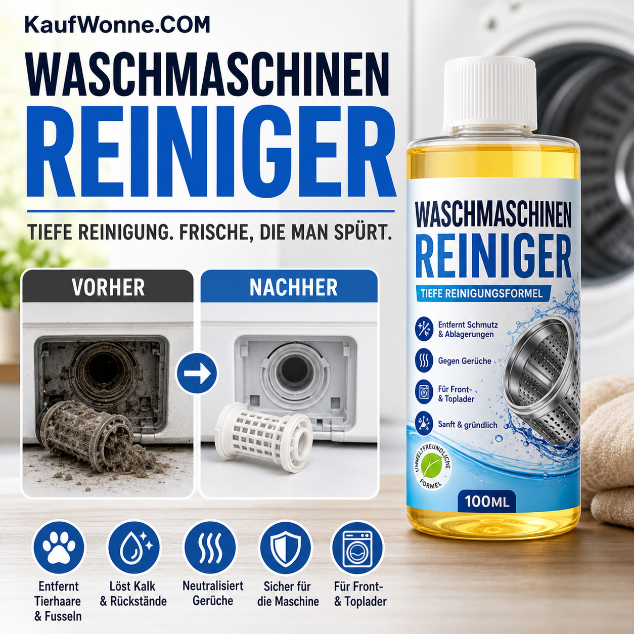 🧼 Waschmaschinenreiniger zur Tiefenreinigung, entfernt Schmutz, Kalk und Gerüche, für alle Waschmaschinen