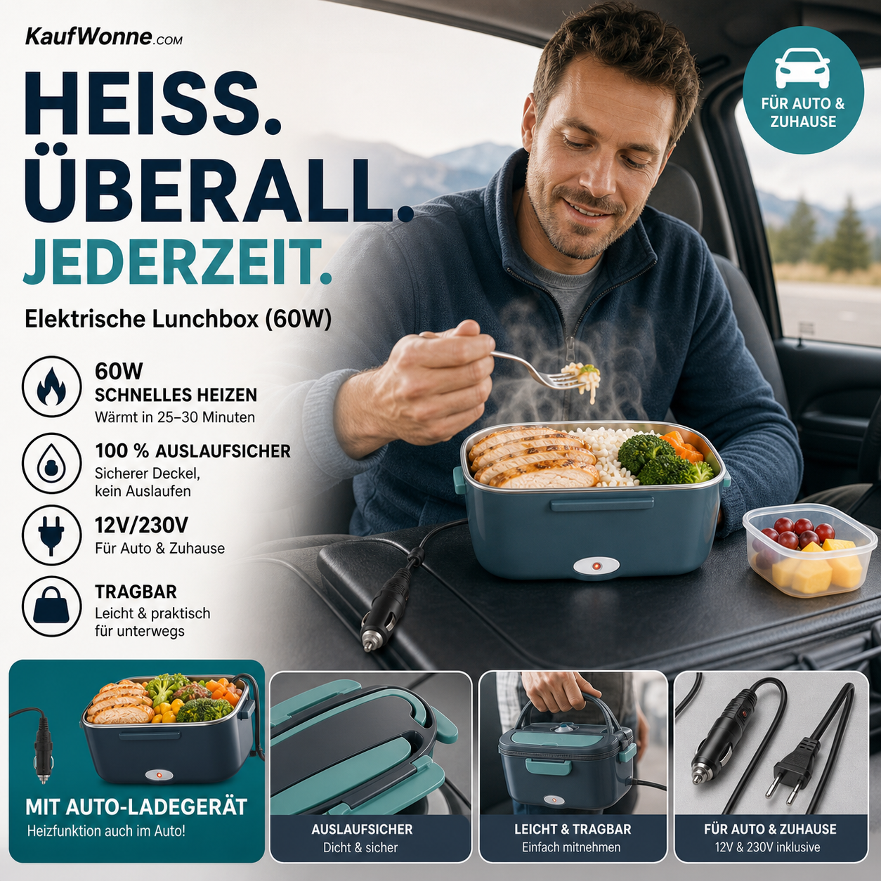 🍱 50% RABATT! 🔥 Tragbare Heiz-Lunchbox mit Edelstahl-Einsatz – Trockene Erwärmung, 12V/220V & doppelte Spannung – Ideal für Auto, Büro & Reisen ⚡