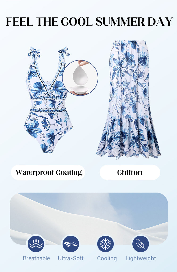 💥 Sonderangebot: 50 % Rabatt 💥 V Neck Lace Up Printed One Piece Swimsuit And Skirt