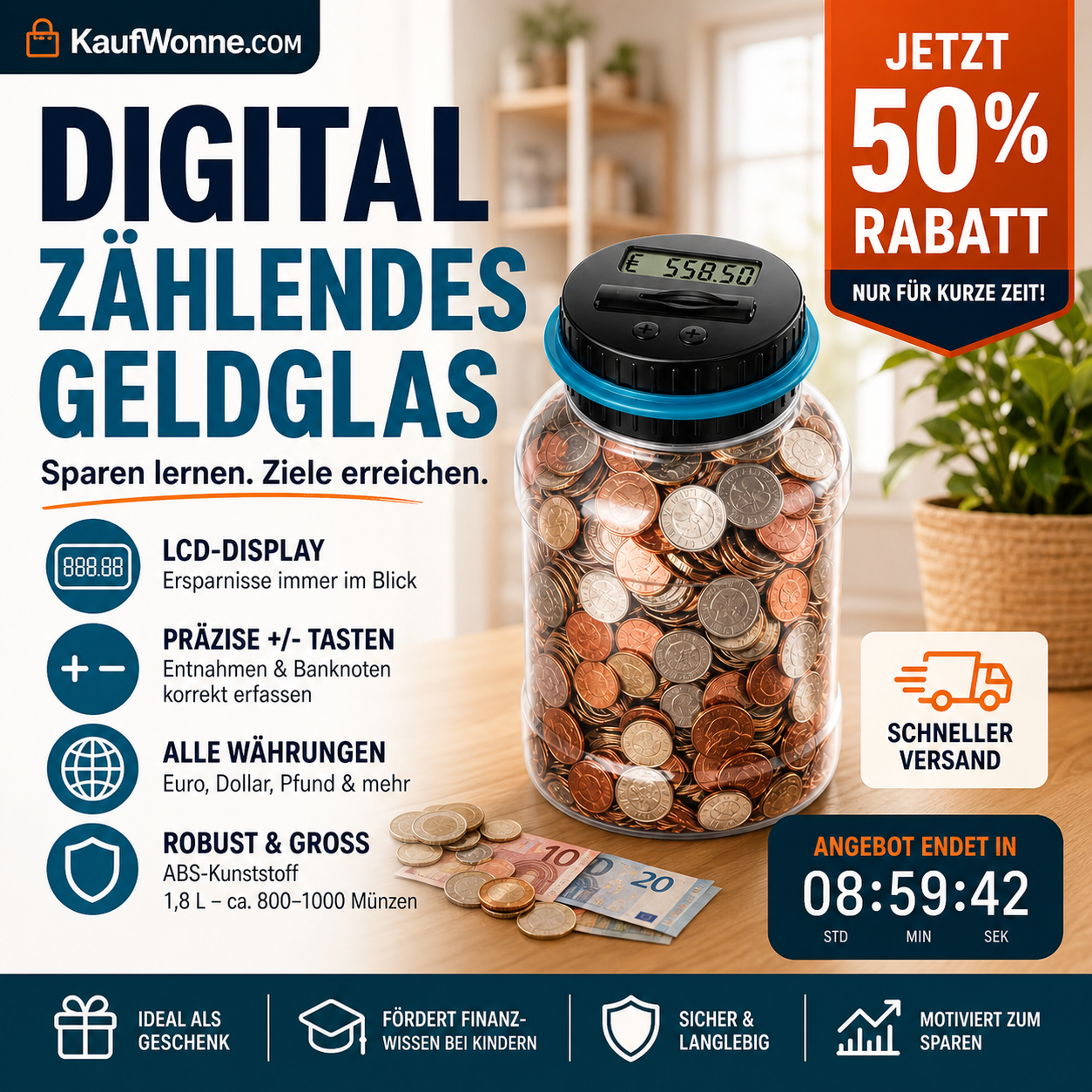 💰✨50 % RABATT! 🏦 Digitale Spardose mit automatischer Münzzählung – Verfolgt Ersparnisse, legt Sparziele fest und macht das Sparen für Kinder und Erwachsene zum Spaß.✨