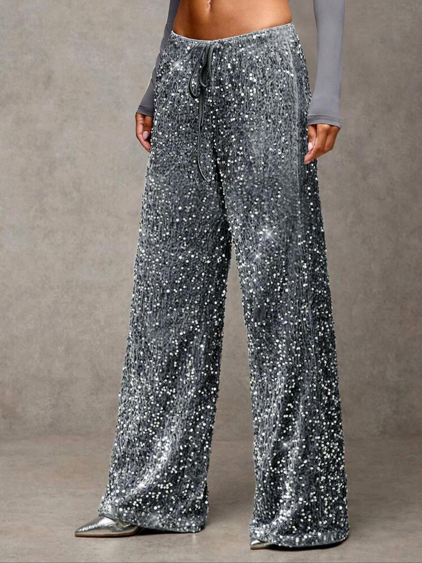 💖 50% VERSCHENKT💃Damen Paillette Sparkle Breite Bein Hose mit elastischem Bund✨