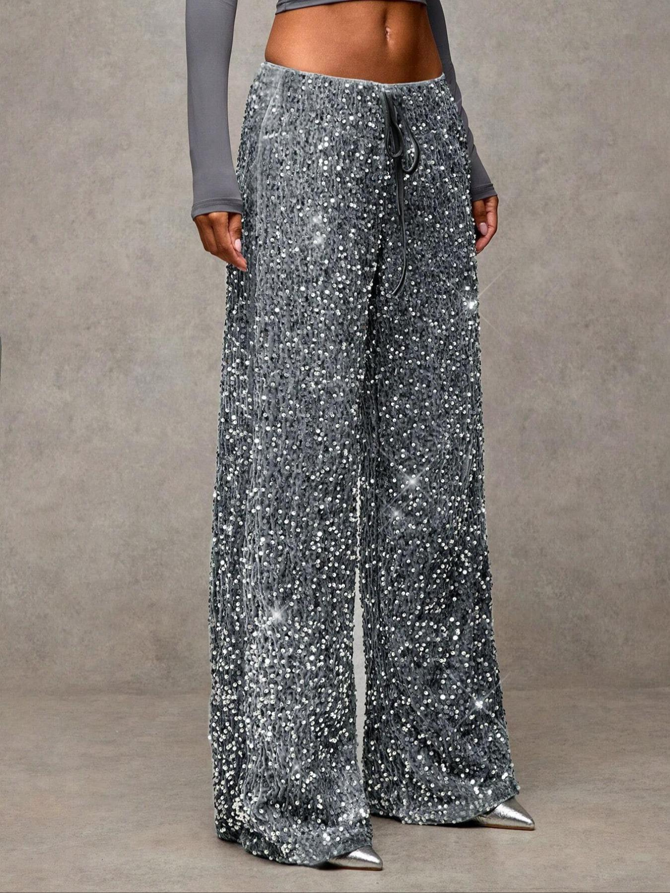 💖 50% VERSCHENKT💃Damen Paillette Sparkle Breite Bein Hose mit elastischem Bund✨
