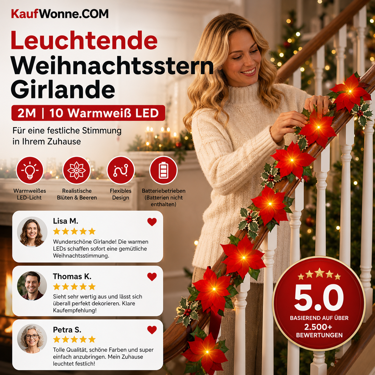🎄 Weihnachts‑Poinsettia‑Lichterkette, bunte Weihnachtsstern‑Blumen‑LED‑Lichterkette für Dekoration, Innen‑ und Außeneinsatz