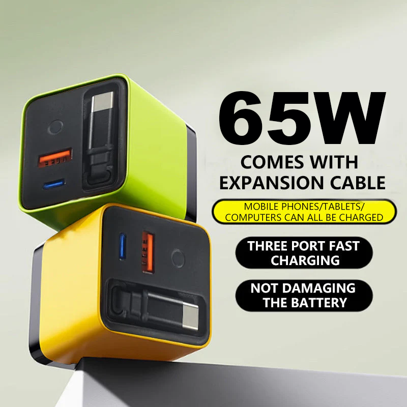 ✨⚡3-in-1-GaN-Ladegerät, 65W-Schnellladegerät für Smartphones mit Typ-C-Kabel und 2 USB-Anschlüssen