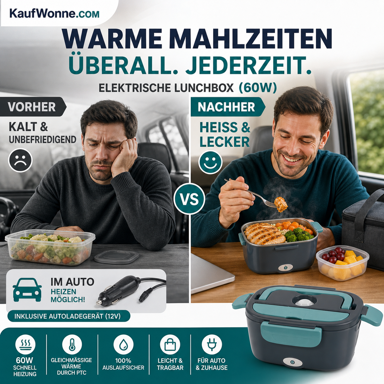 🍱 50% RABATT! 🔥 Tragbare Heiz-Lunchbox mit Edelstahl-Einsatz – Trockene Erwärmung, 12V/220V & doppelte Spannung – Ideal für Auto, Büro & Reisen ⚡