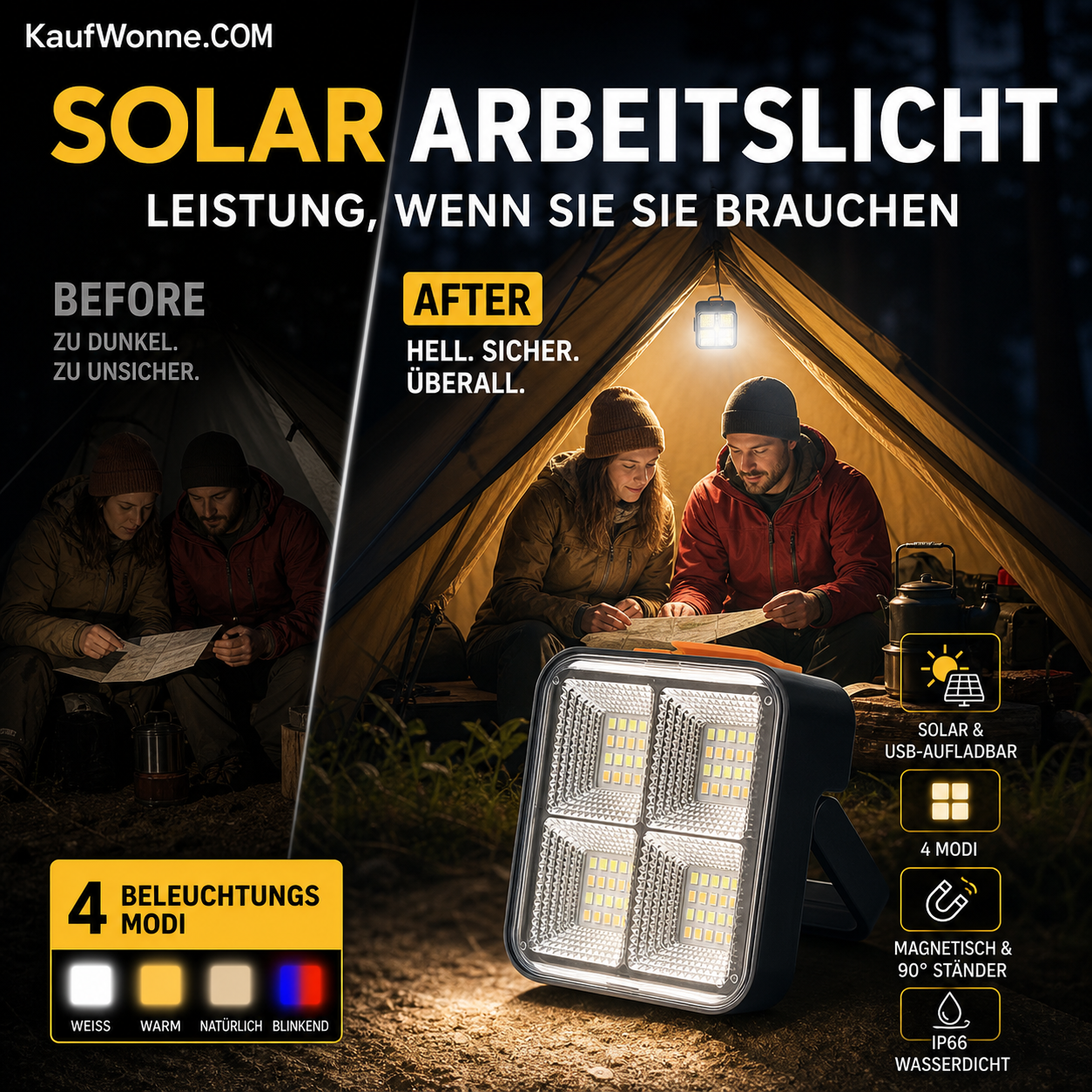 ☀️Tragbare Solar-Arbeitsleuchte mit 4 Modi: Hell, sparsam, Notlicht, Dämmerungssensor 🔄 – Für Baustelle, Werkstatt & Camping. Wiederaufladbar, robust