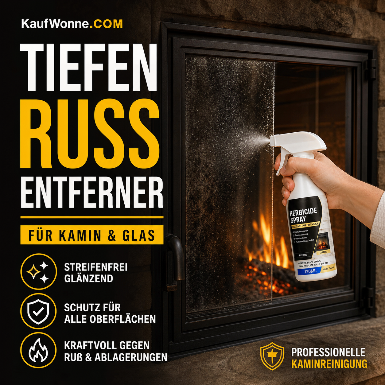 🧹🔥 Kaminreiniger Spray 120ml – Schnell wirkender Tiefenrußentferner für Glas & Gusseisen | Streifenfreie Sicht