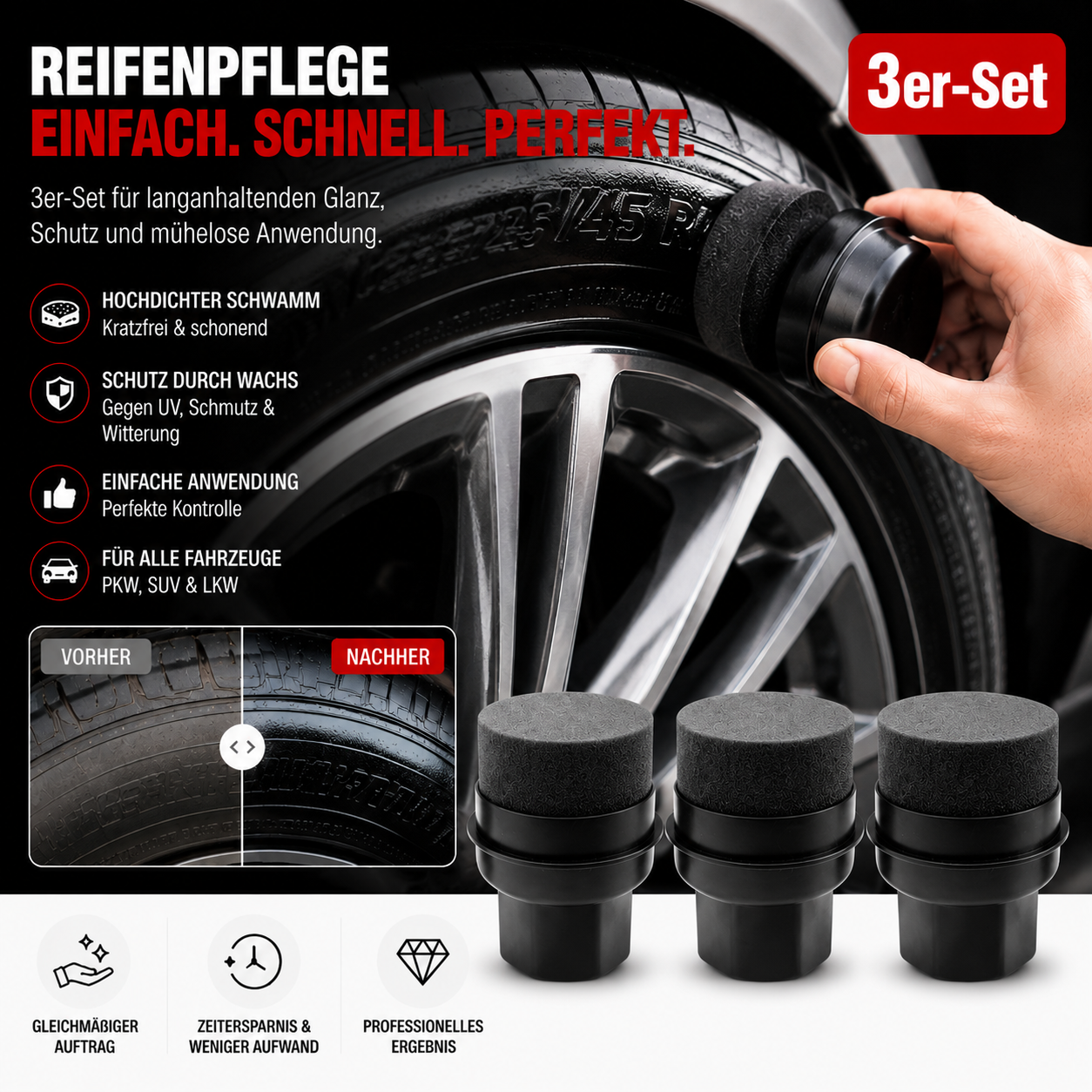 Reifenglanzschwamm mit Applikatorbürste und Abdeckung