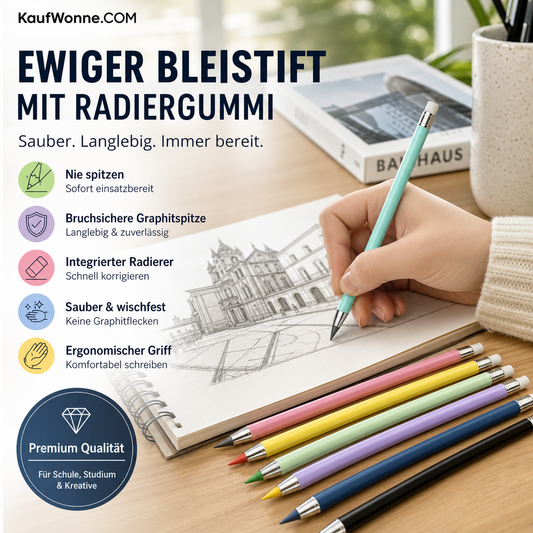 ✏️ Ewiger Bleistift mit Radiergummi – kein Anspitzen nötig, bruchsicherer Schreibstift für Schule, Zeichnen und den Alltag