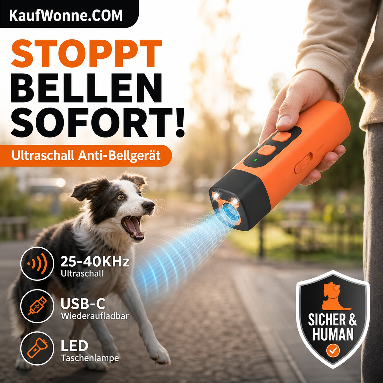 📢📢50 % Rabatt!! ⏰🐕 Tragbares Ultraschall-Hundeabwehrgerät, wiederaufladbar, 3 Modi, Hundetraining & Abwehr, für Outdoor & Spaziergänge