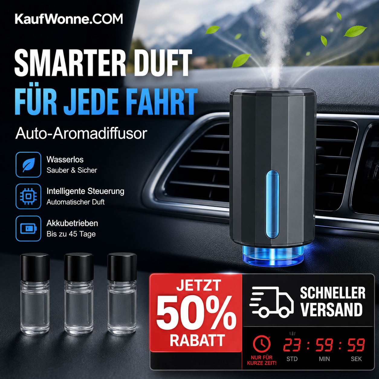 🚗 Tragbarer wasserloser Auto‑Aromadiffusor, akkubetrieben für ätherische Öle im Fahrzeug