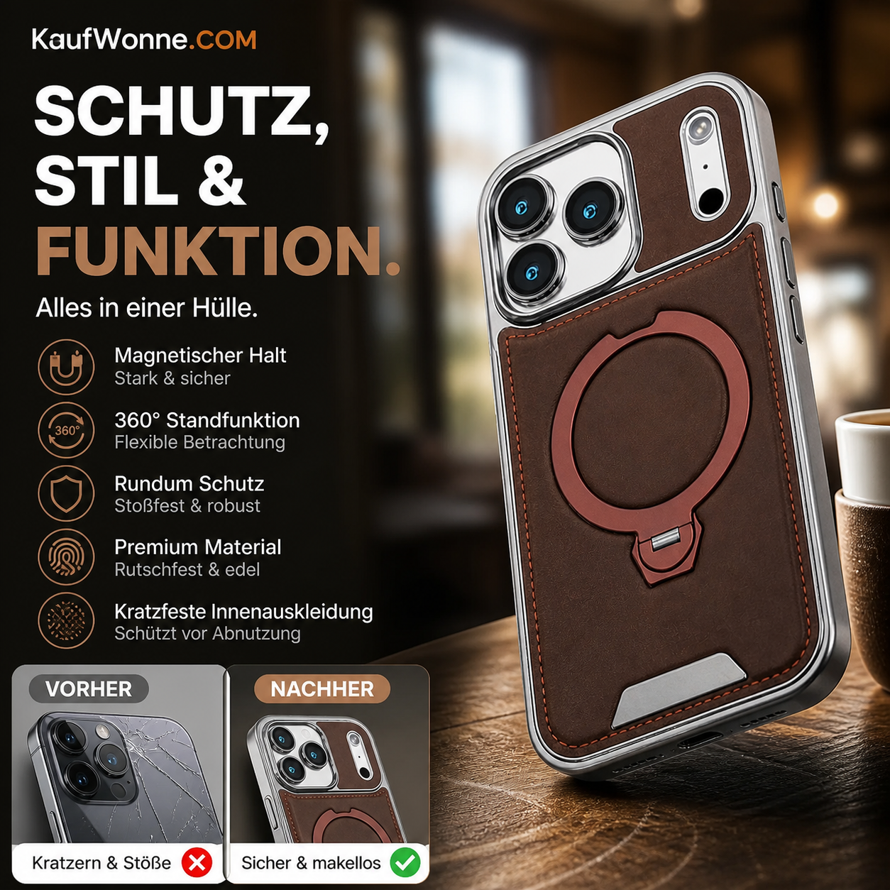 📱 360° magnetische stoßfeste Handyhülle mit drehbarem Ständer, kompatibel mit kabellosem Laden