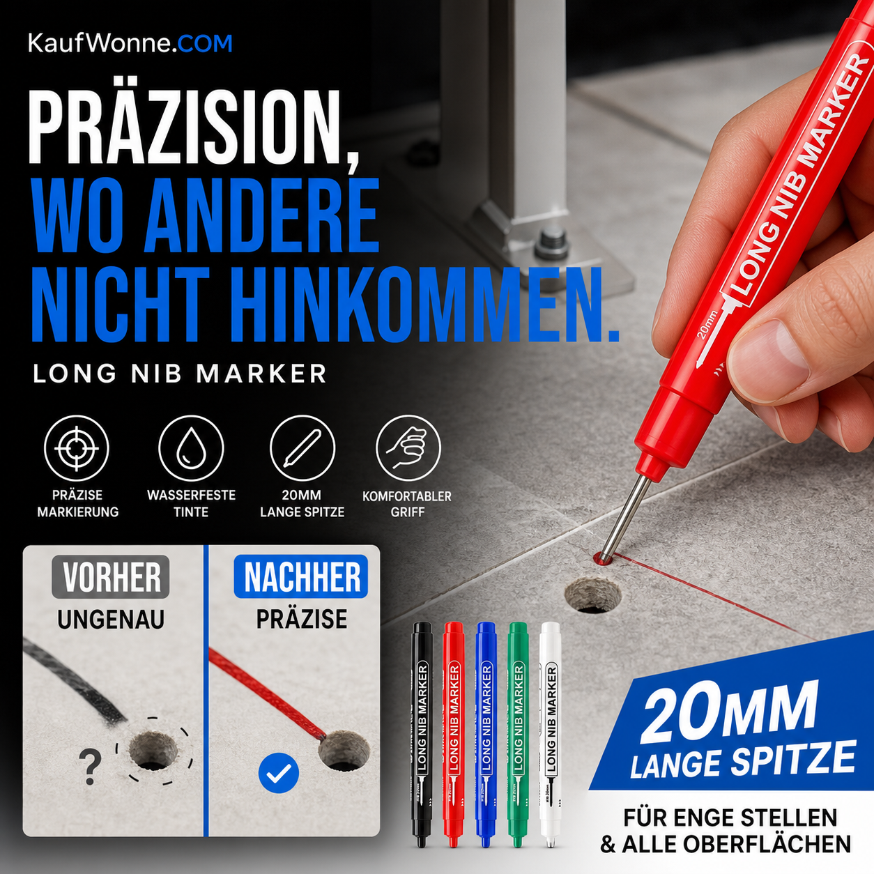 💥 50% Rabatt! ✏️ Präzisions-Markierstifte 5er-Set – 20 mm lange Spitze, ölbasierte Tinte, wasserfest. Für Fliesen, Holz, Bohrpunkte, enge Spalten. 5 Farben 🛡️