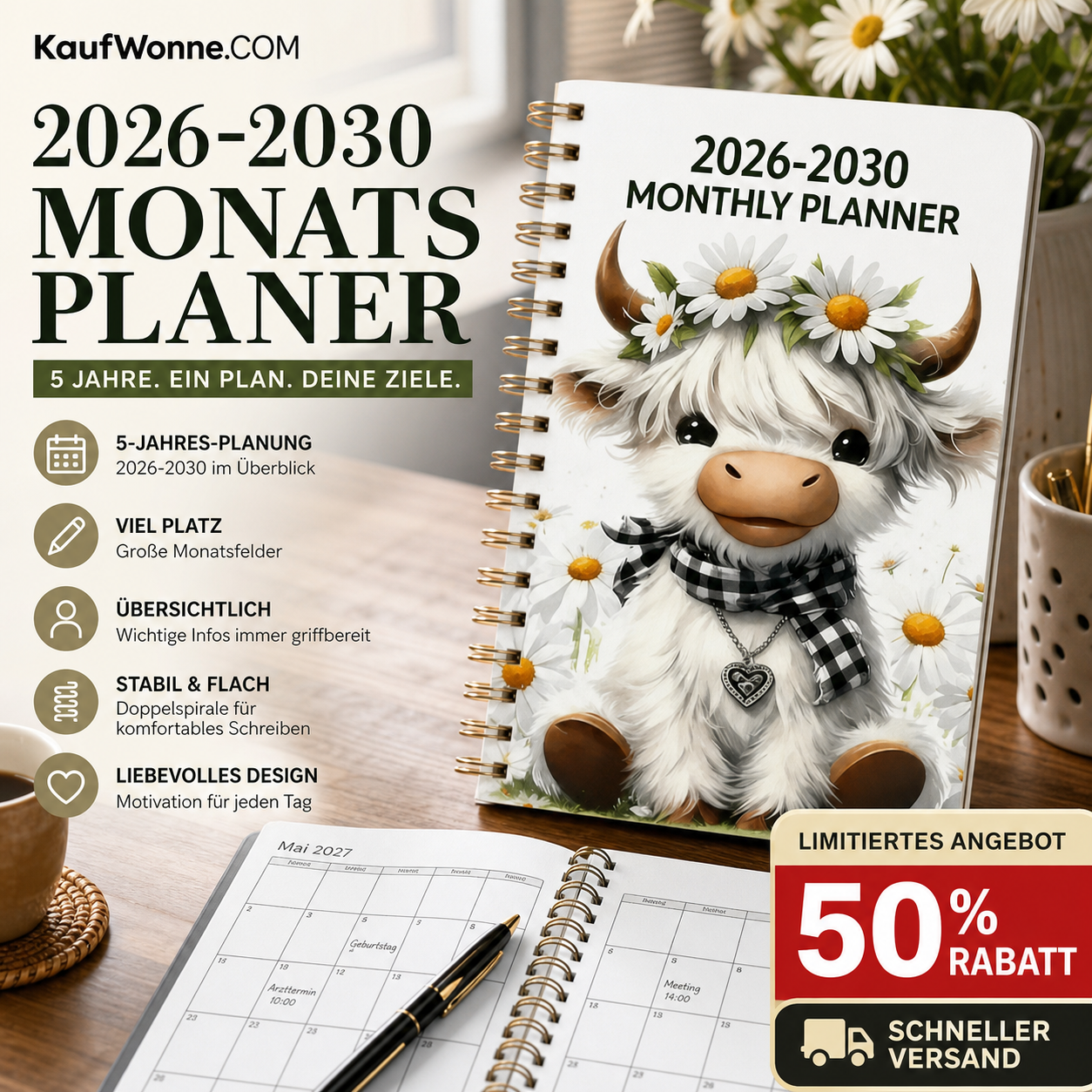 🐮 5‑Jahres Planungsbuch 2026‑2030｜Süßer Hochlandrind‑Monatsplaner für deine Lebensziele