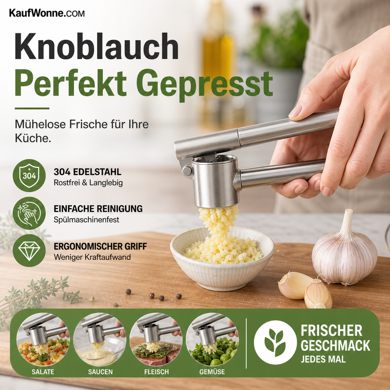 🧄 Schluss mit mühsamem Knoblauchhacken! Hochwertige Edelstahl-Knoblauchpresse – ein Druck, feines Knoblauchmus fertig.