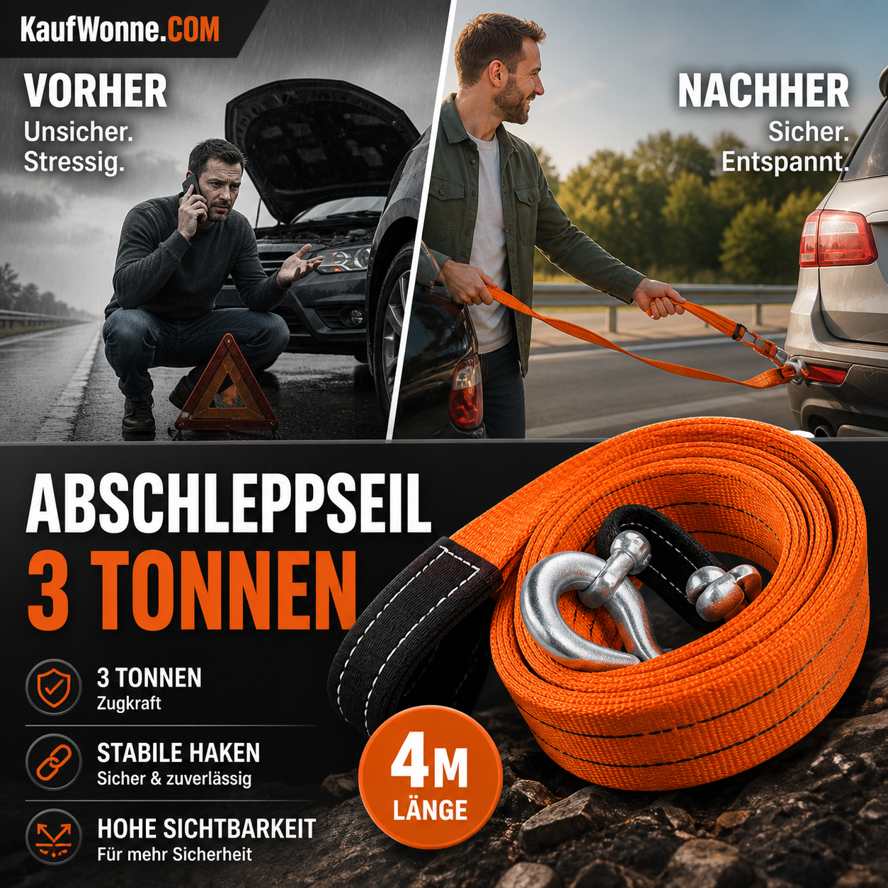 📢📢50 % Rabatt!! ⏰ 4 m langes Abschleppseil mit Haken und 3 Tonnen Tragkraft