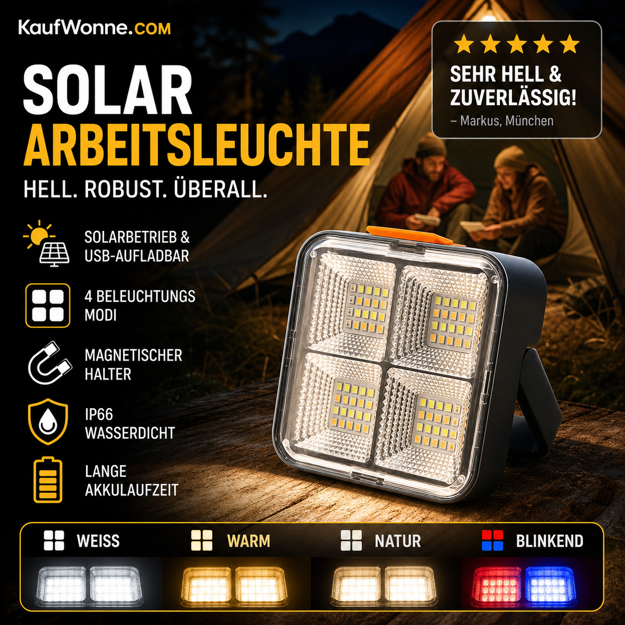 ☀️Tragbare Solar-Arbeitsleuchte mit 4 Modi: Hell, sparsam, Notlicht, Dämmerungssensor 🔄 – Für Baustelle, Werkstatt & Camping. Wiederaufladbar, robust
