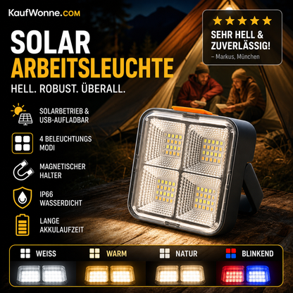 ☀️Tragbare Solar-Arbeitsleuchte mit 4 Modi: Hell, sparsam, Notlicht, Dämmerungssensor 🔄 – Für Baustelle, Werkstatt & Camping. Wiederaufladbar, robust
