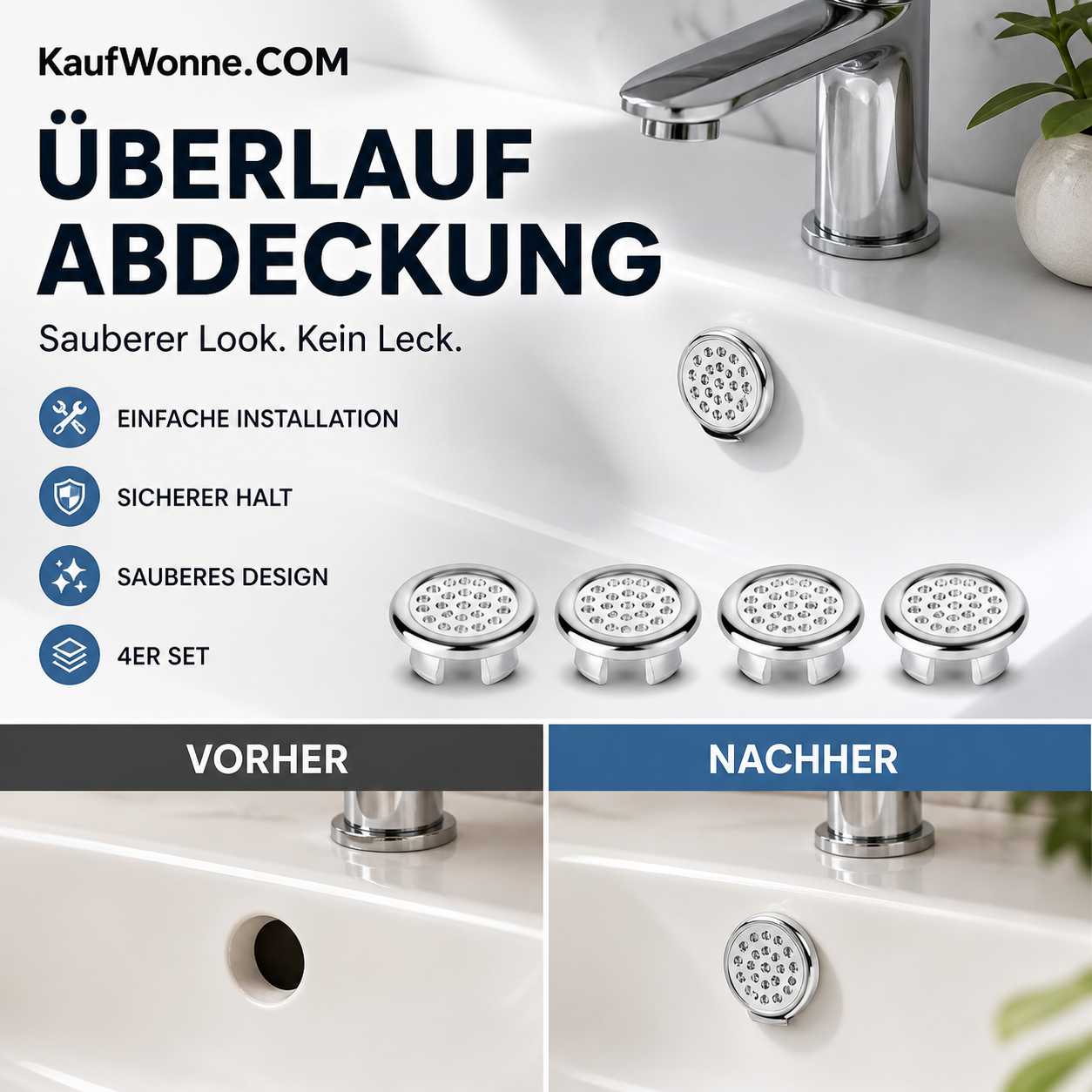 🔘 Runder Überlaufdeckel für Waschbecken, 5 Stück, Ersatzring, aus Kunststoff, für Bad und Küche