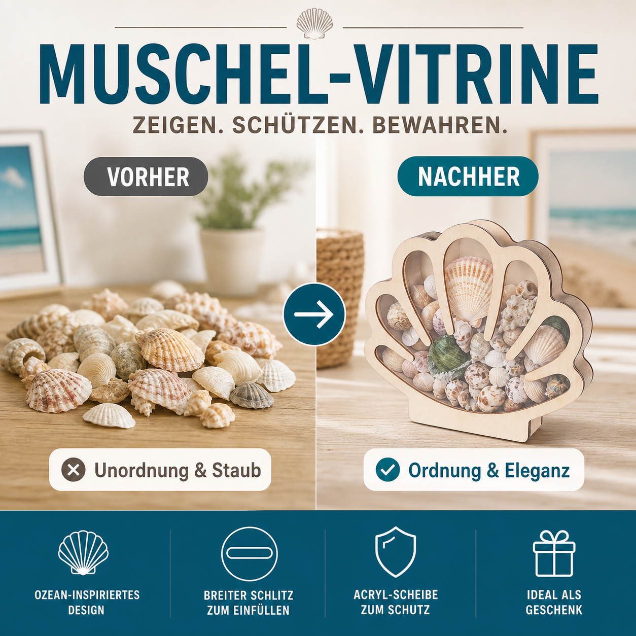 🐚 JETZT 50% RABATT! ✨ Muschel-Vitrine mit Acrylscheibe – Transparent & staubdicht – Perfekt für Sammlungen, Basteln oder Souvenirs – Elegante Tisch- oder Regaldekoration 🏖️🌟