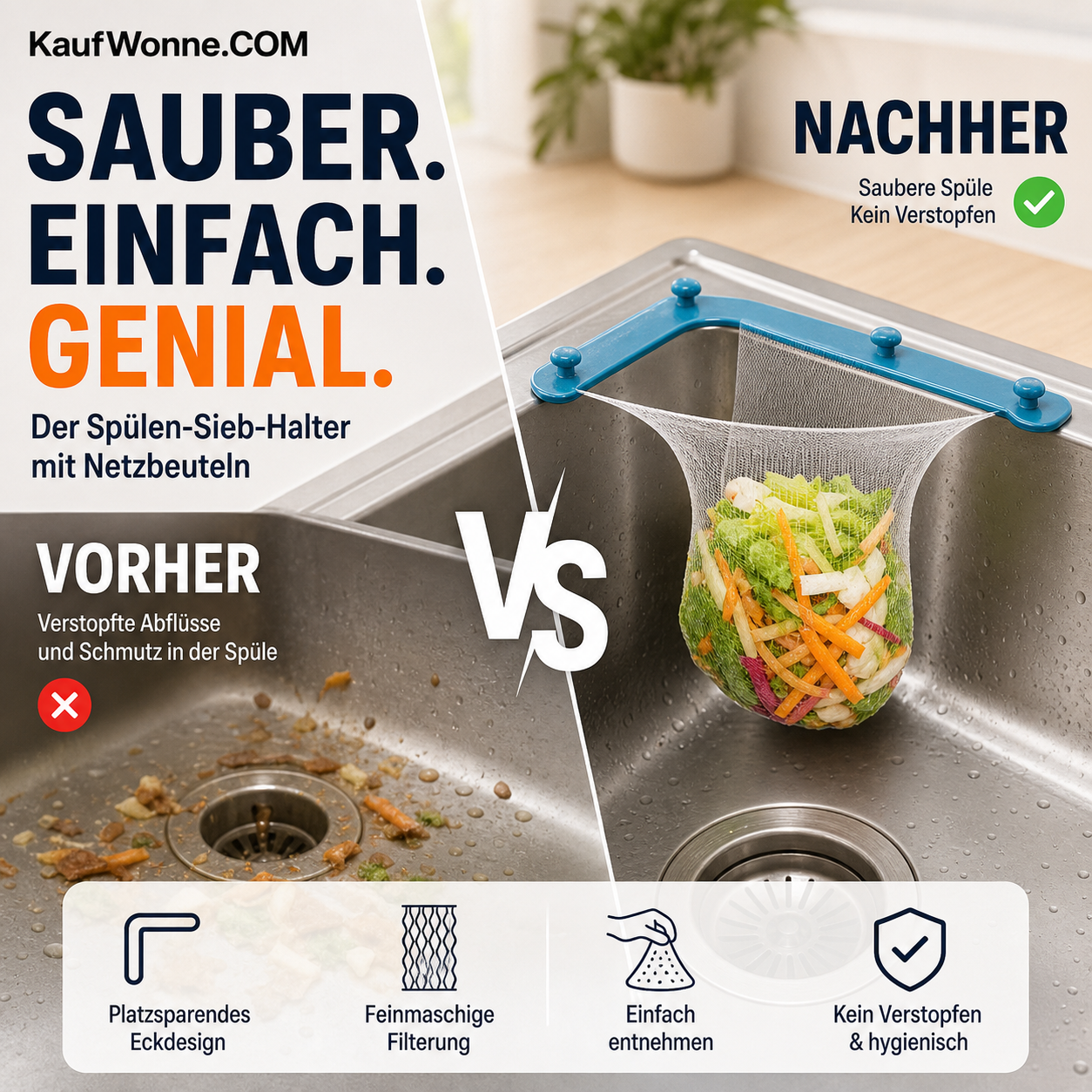 💧 Sauber & trocken – Dreieckiger Abtropf-Ständer für Filtersieb und Abfallsäcke – passt in jede Spüle