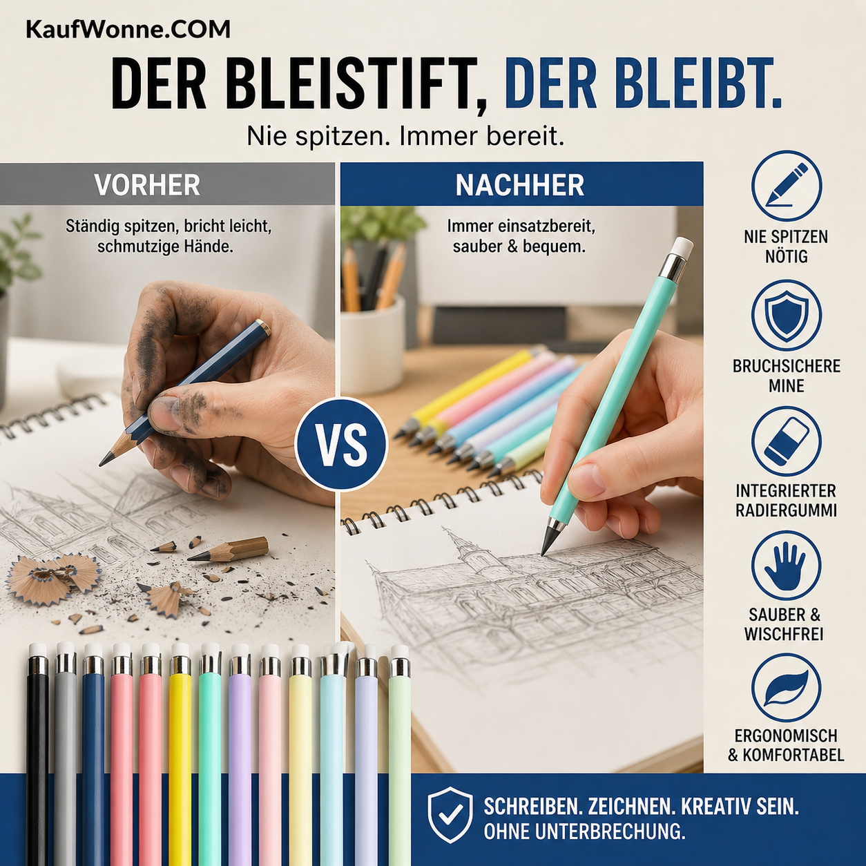 ✏️ Ewiger Bleistift mit Radiergummi – kein Anspitzen nötig, bruchsicherer Schreibstift für Schule, Zeichnen und den Alltag