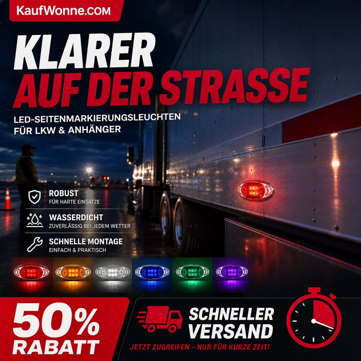 🚛 50% RABATT! 💡 2‑er‑Set LED‑Lkw‑Leuchten – 360° Sichtbarkeit, wetterfest & einfach zu montieren – Maximale Sicherheit bei Nacht & schlechtem Wetter 🌙