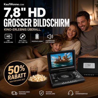 📺 7,8" HD Tragbarer DVD/EVD-Player – Großer Bildschirm, wiederaufladbar & kompatibel mit DVD/CD/USB/SD – Ideal für Zuhause & unterwegs 🔥 50 % Rabatt