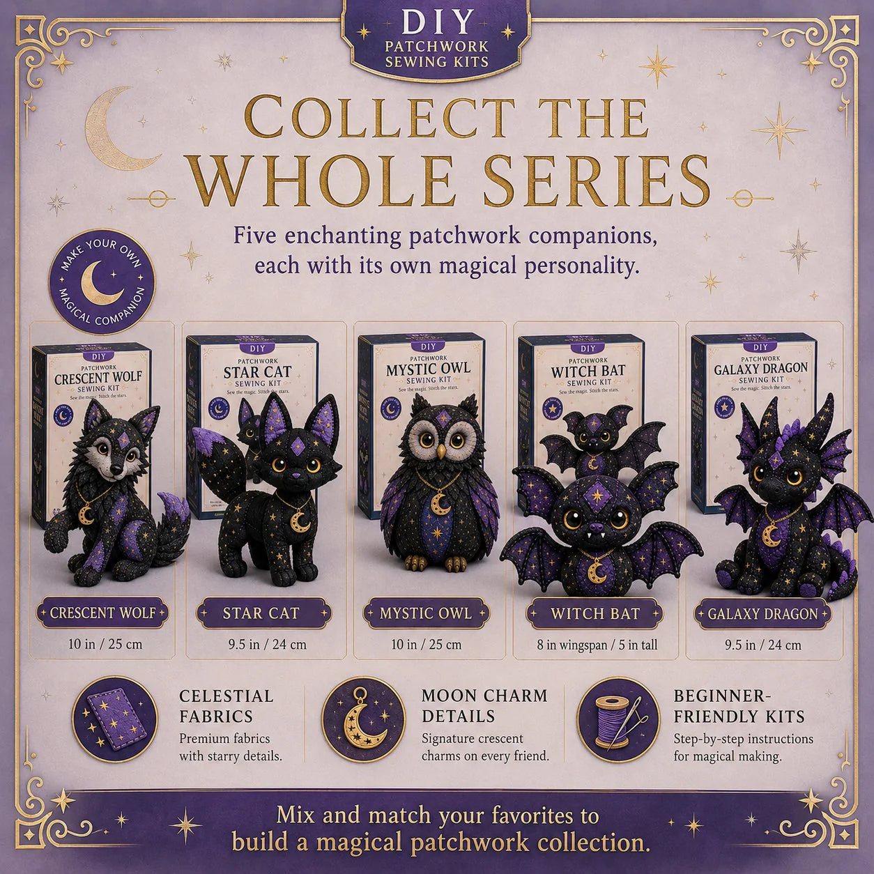 🤩2026 NEU EINGETROFFEN🔥Nähset für Anfänger: Mystische Patchwork-Tiere 🌙 – DIY-Plüsch-Bastelset mit Sternenstoff & Mondanhänger 🧵✨