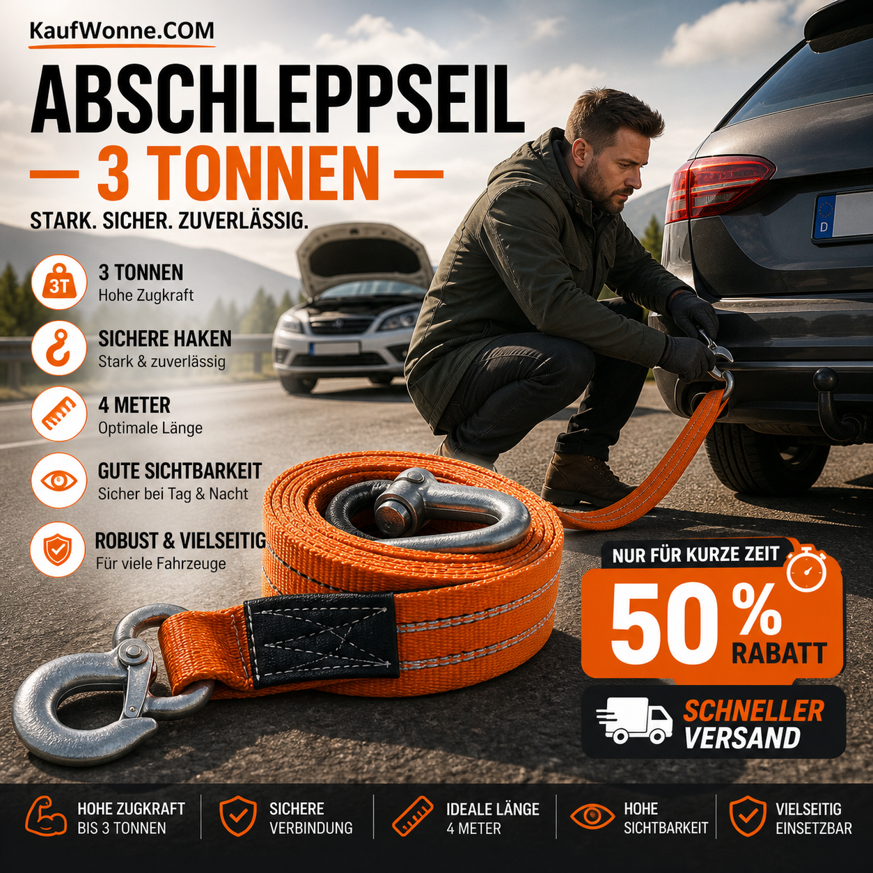 📢📢50 % Rabatt!! ⏰ 4 m langes Abschleppseil mit Haken und 3 Tonnen Tragkraft