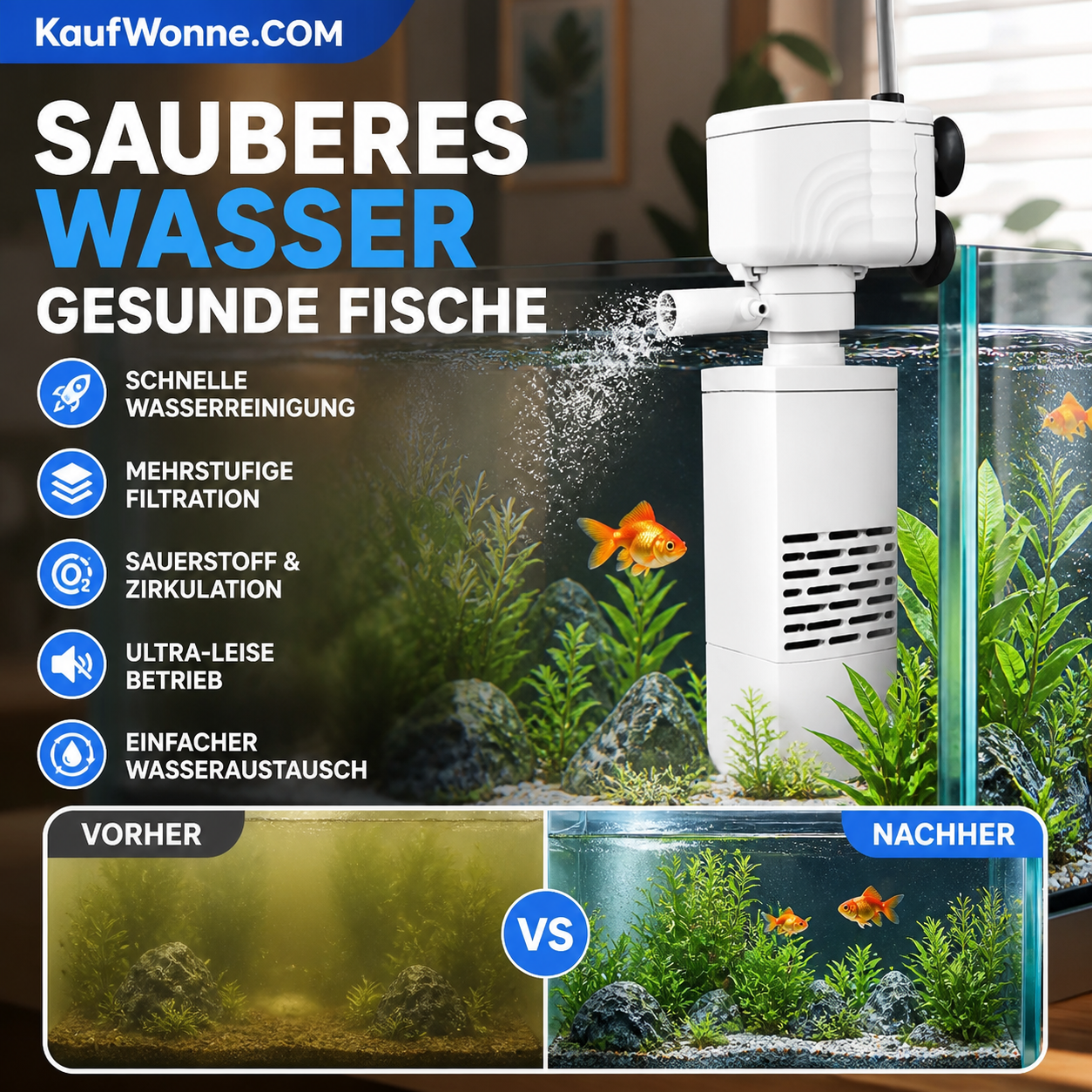 🔥🐠 3-in-1-Filter für Aquarien – Filtration, Sauerstoffierung und Wasserpumpung