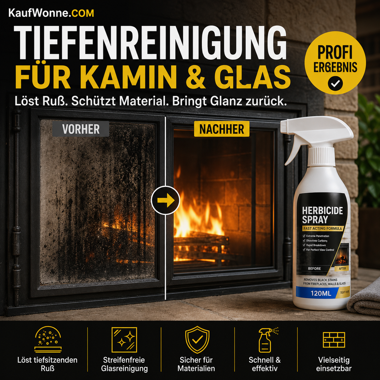 🧹🔥 Kaminreiniger Spray 120ml – Schnell wirkender Tiefenrußentferner für Glas & Gusseisen | Streifenfreie Sicht