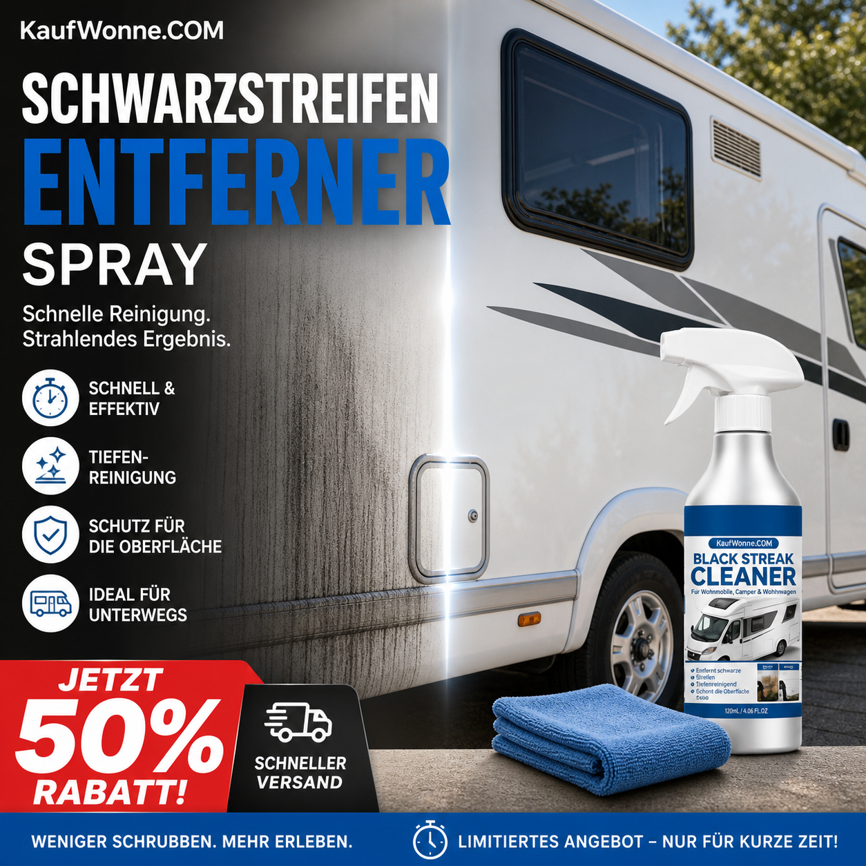 🚐✨ 2+1 GRATIS! Schwarze‑Streifen‑Reinigungsspray, entfernt hartnäckige schwarze Streifen und Verschmutzungen