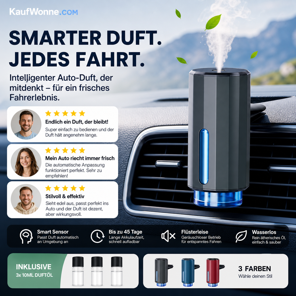 🚗 Tragbarer wasserloser Auto‑Aromadiffusor, akkubetrieben für ätherische Öle im Fahrzeug
