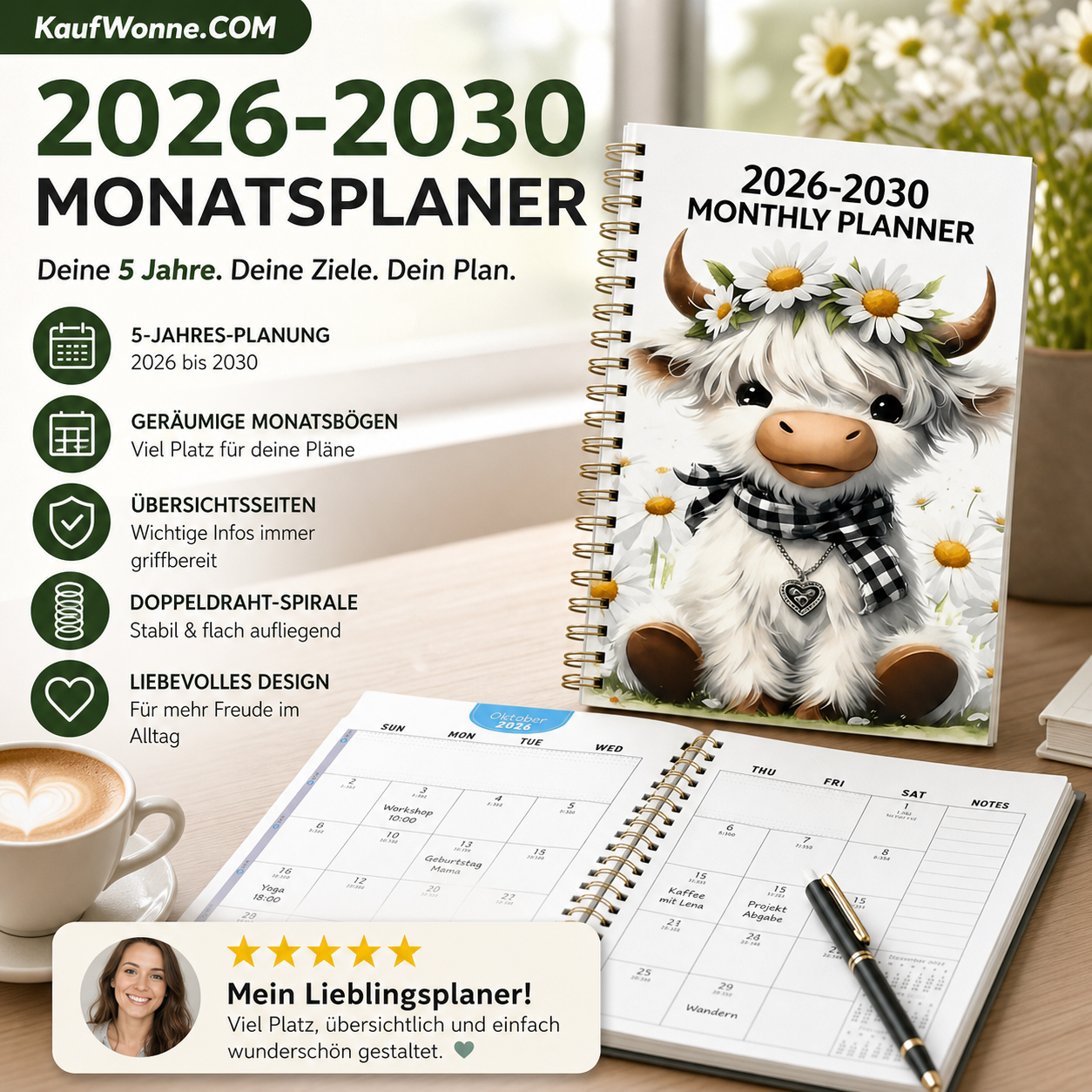 🐮 5‑Jahres Planungsbuch 2026‑2030｜Süßer Hochlandrind‑Monatsplaner für deine Lebensziele