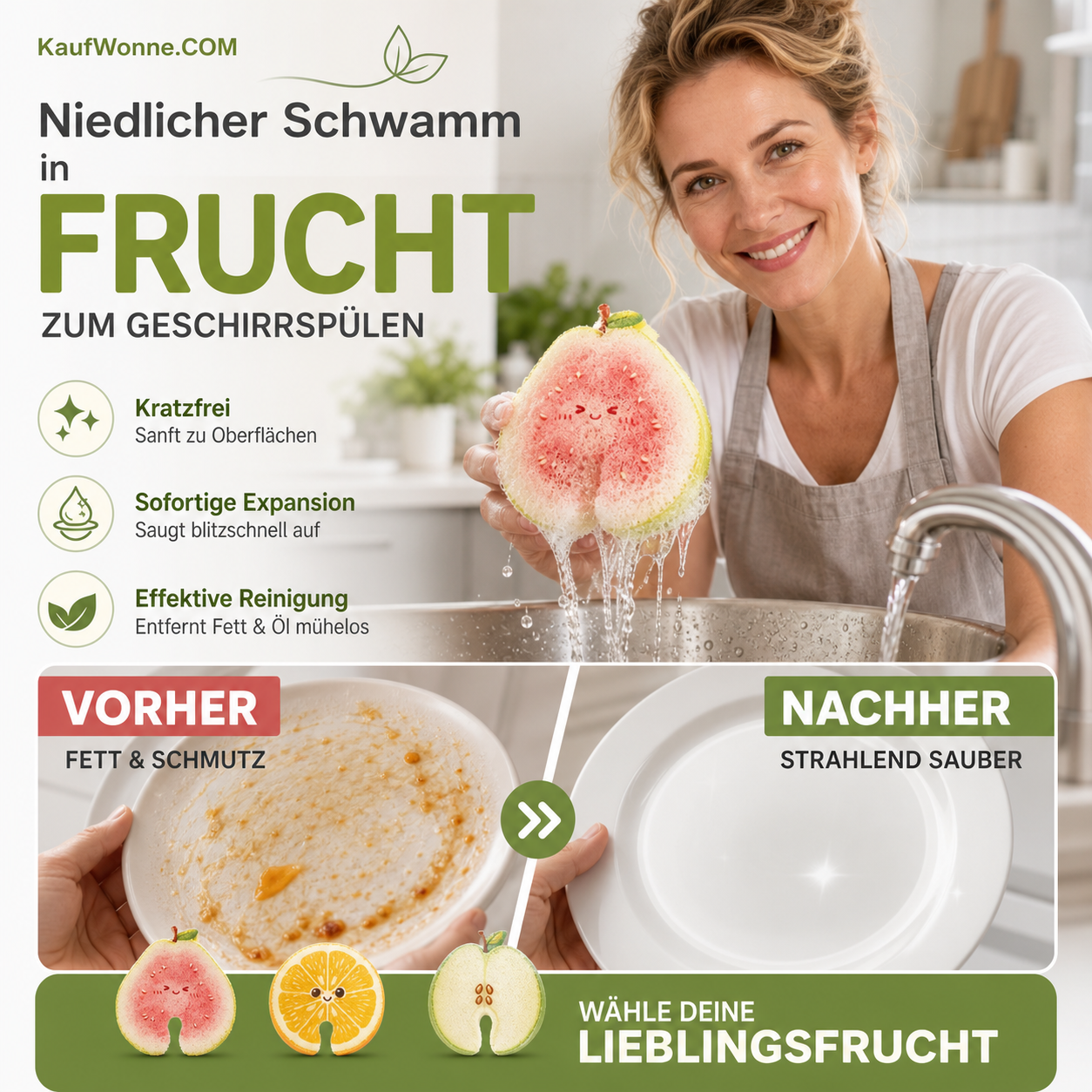 🍓 Niedlicher Schwamm in Fruchtform zum Geschirrspülen | Kratzfester Küchen-Schwamm