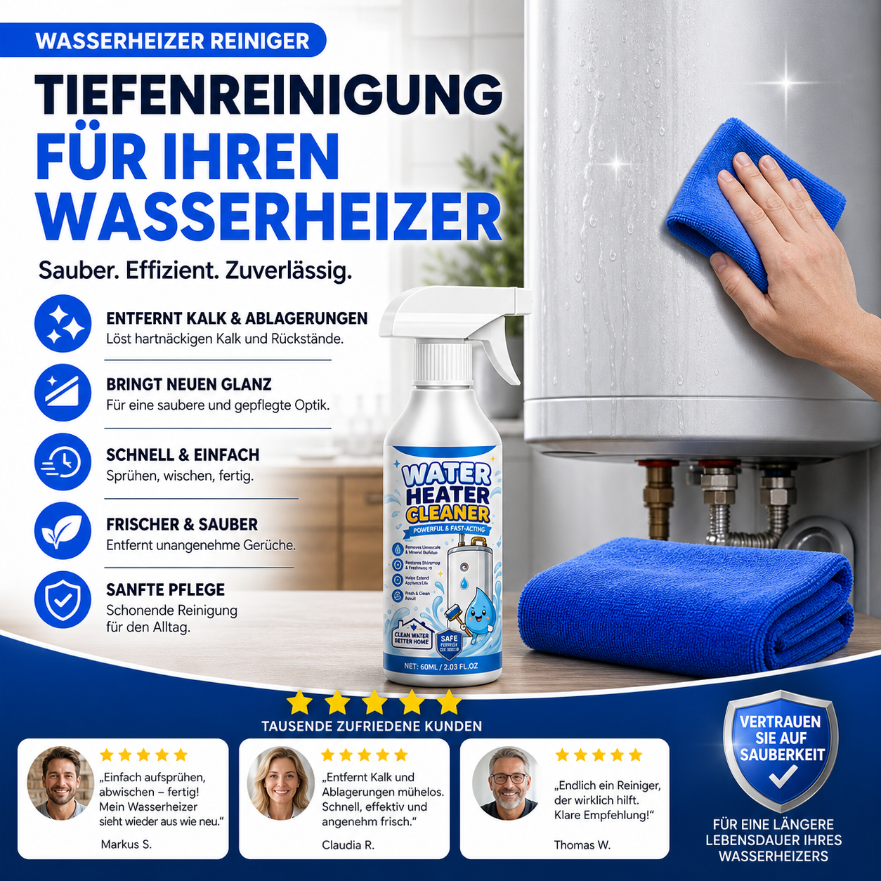 ⚡Schnellwirkender Entkalker‑Spray für Warmwasserspeicher | Kalk‑Reiniger für Warmwassergeräte