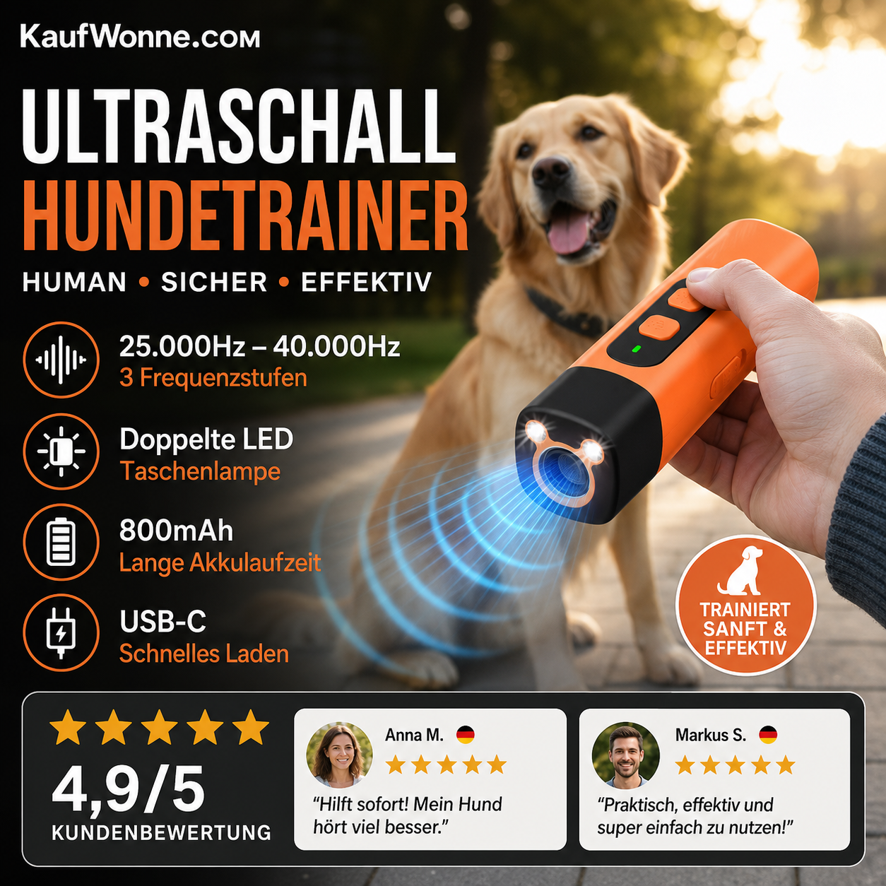 📢📢50 % Rabatt!! ⏰🐕 Tragbares Ultraschall-Hundeabwehrgerät, wiederaufladbar, 3 Modi, Hundetraining & Abwehr, für Outdoor & Spaziergänge