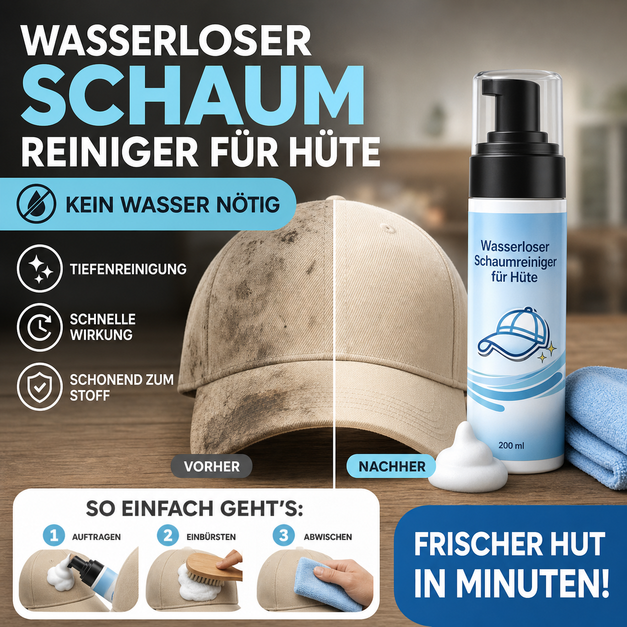 🧢Wirksames Fleckenentferner‑Spray für Hüte | Reinigungsspray für verschiedene Hut‑Materialien