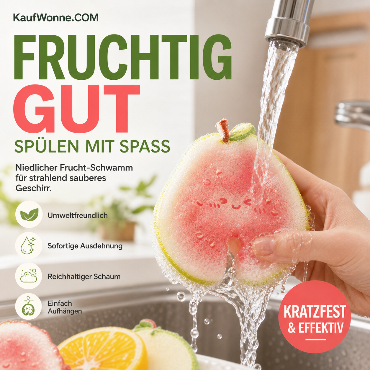 🍓 Niedlicher Schwamm in Fruchtform zum Geschirrspülen | Kratzfester Küchen-Schwamm
